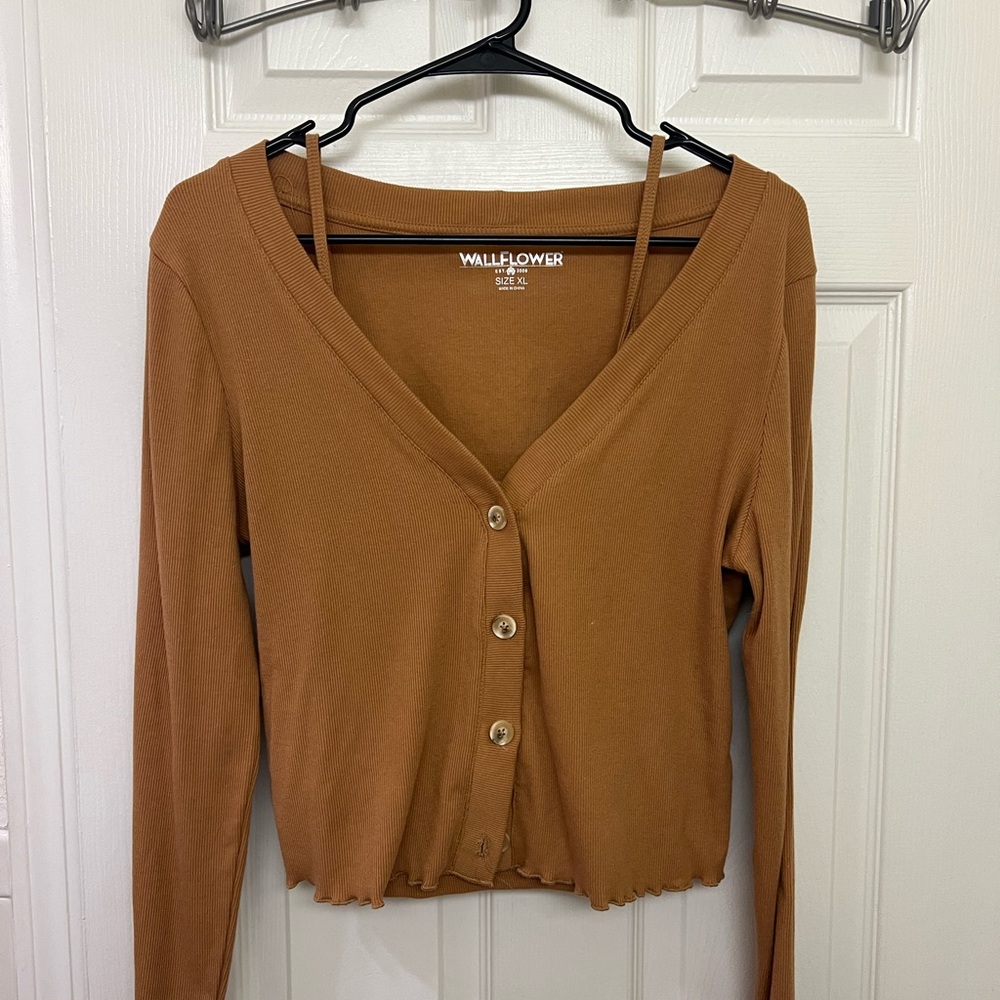Wallflower Brown Long Sleeve Crop Button Down Shirt